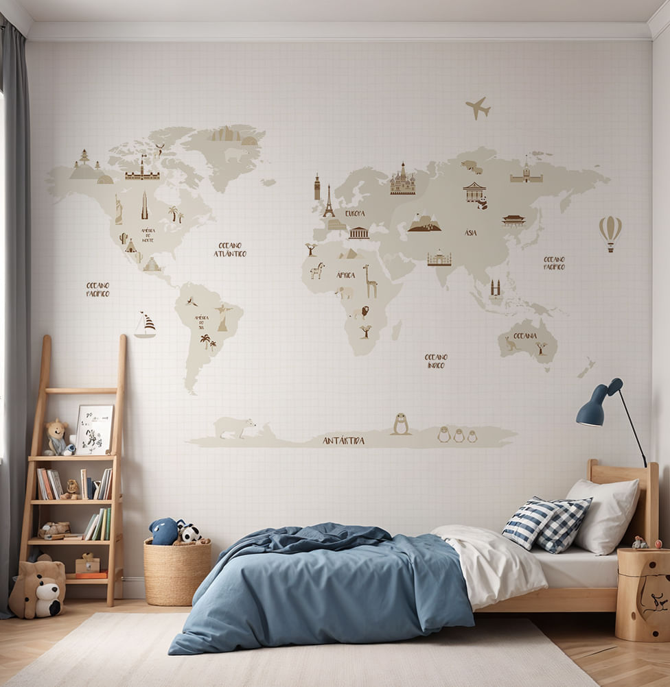 Papel de Parede Infantil Mapa Mundi com Gride Bege - Mural