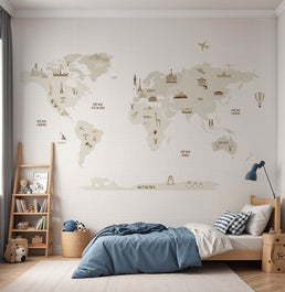 Papel de Parede Infantil Mapa Mundi com Gride Bege - Mural
