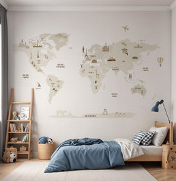Papel de Parede Infantil Mapa Mundi com Gride Bege - Mural