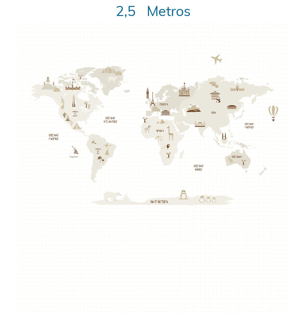 Papel de Parede Infantil Mapa Mundi com Gride Bege - Mural