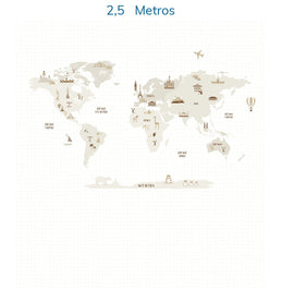 Papel de Parede Infantil Mapa Mundi com Gride Bege - Mural