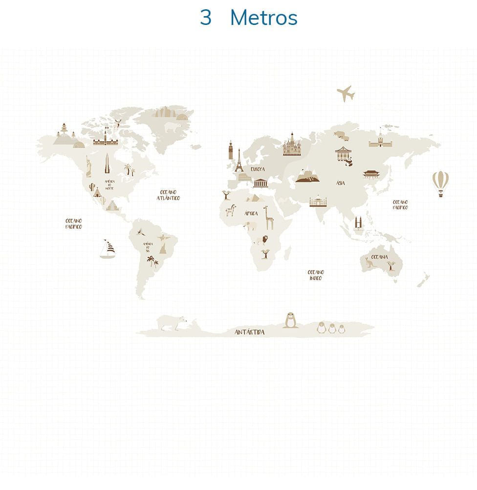 Papel de Parede Infantil Mapa Mundi com Gride Bege - Mural
