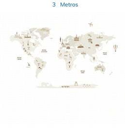 Papel de Parede Infantil Mapa Mundi com Gride Bege - Mural