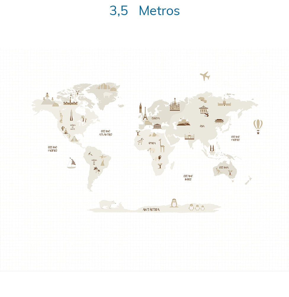 Papel de Parede Infantil Mapa Mundi com Gride Bege - Mural