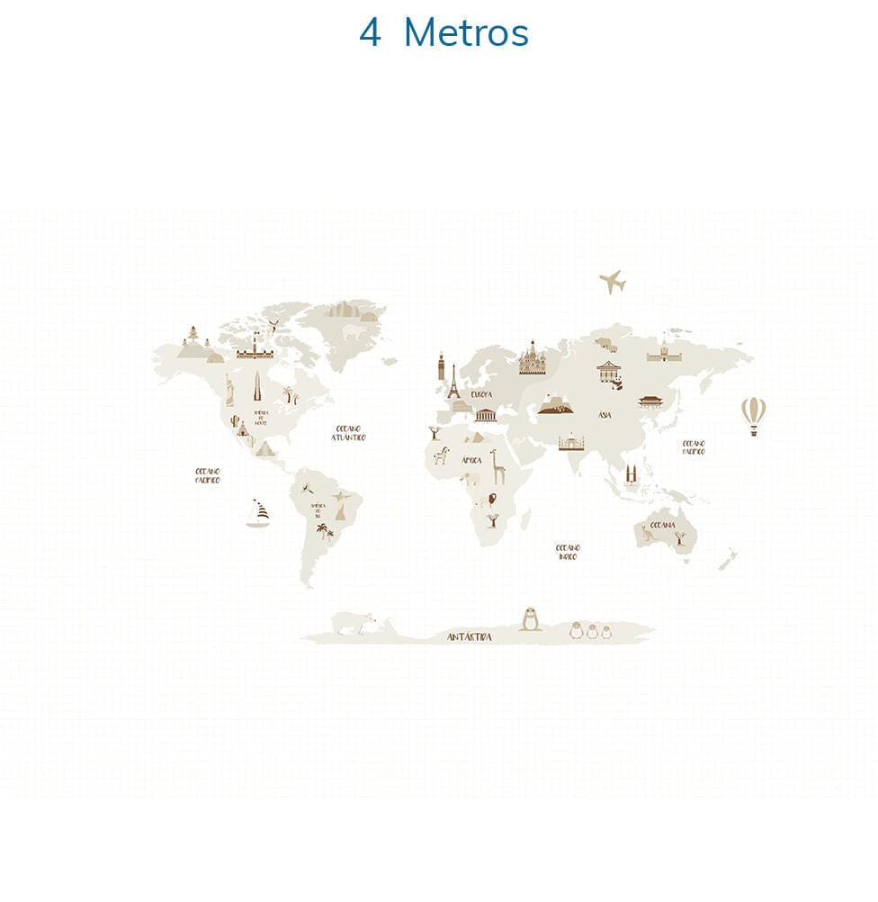 Papel de Parede Infantil Mapa Mundi com Gride Bege - Mural