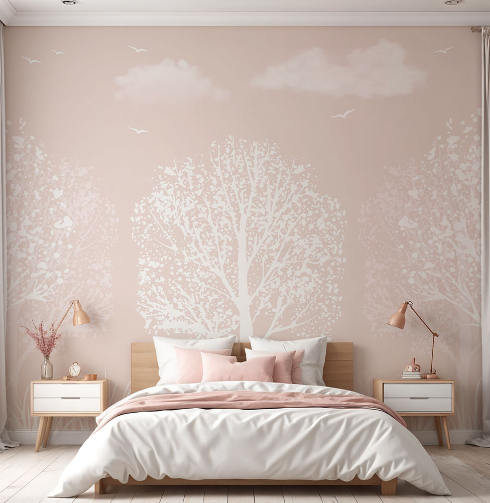 Papel de Parede  Sombra de Árvores Branca e Rosa - Mural