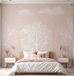 Papel de Parede  Sombra de Árvores Branca e Rosa - Mural
