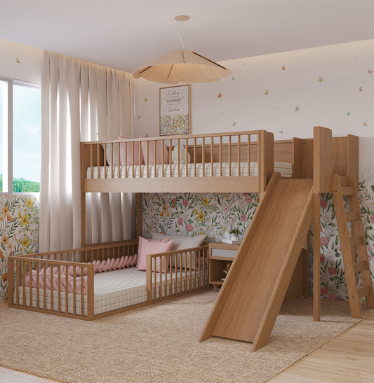 Beliche Montessoriana Com Cama de Solteiro Escorregador Fazenda - Freijó