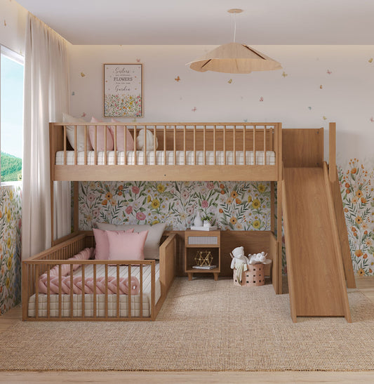 Beliche Montessoriana Com Cama de Solteiro Escorregador Fazenda - Freijó