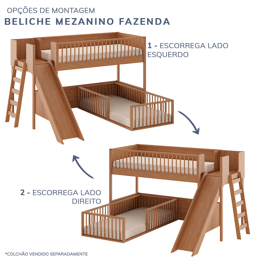 Beliche Montessoriana Com Cama de Solteiro Escorregador Fazenda - Freijó