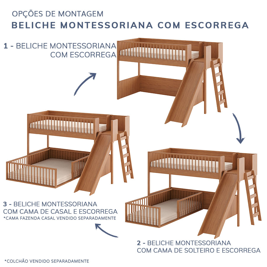 Beliche Montessoriana Com Cama de Solteiro Escorregador Fazenda - Freijó