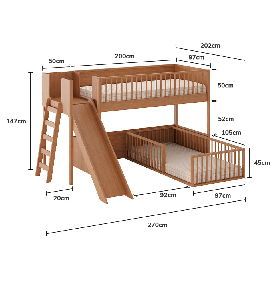 Beliche Montessoriana Com Cama de Solteiro Escorregador Fazenda - Freijó