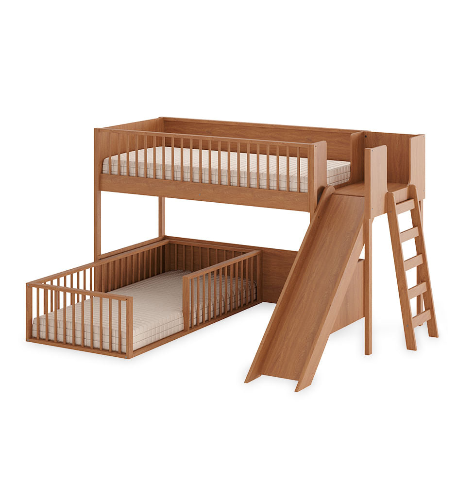 Beliche Montessoriana Com Cama de Solteiro Escorregador Fazenda - Freijó