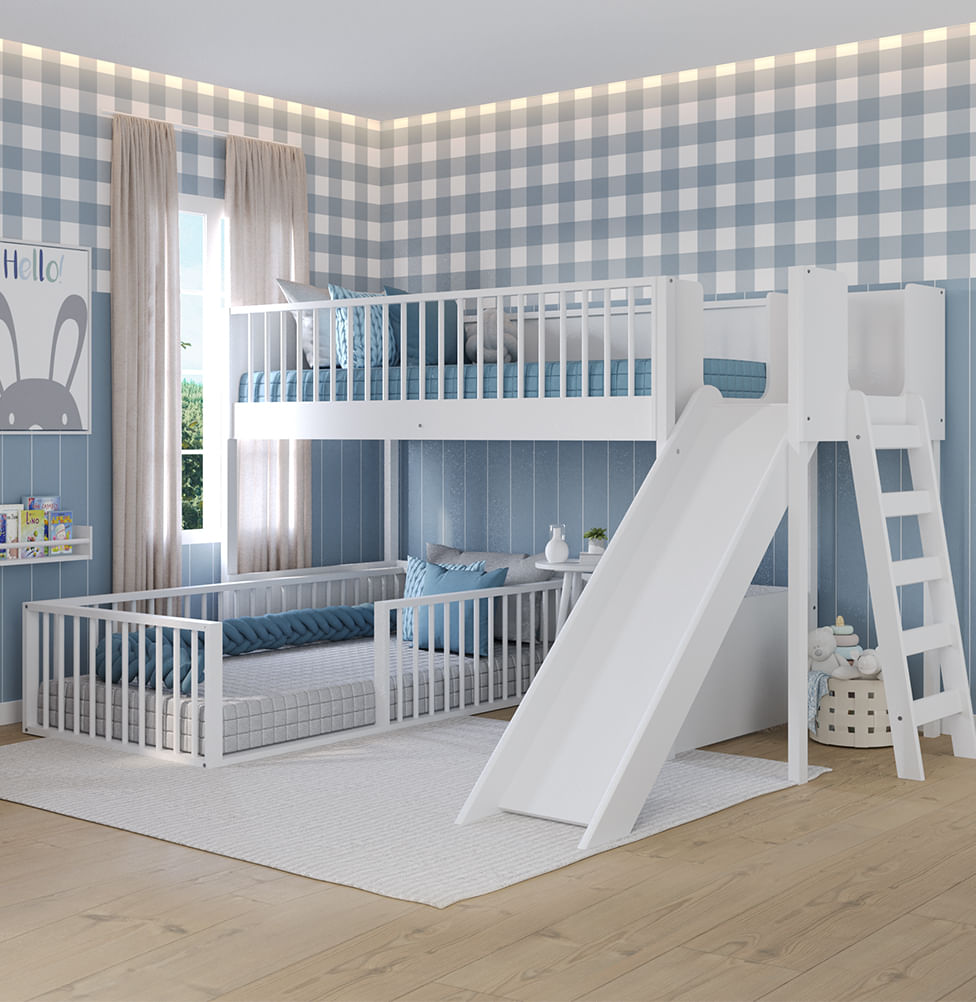 Beliche Montessoriana Com Cama de Solteiro Escorregador Fazenda - Branco