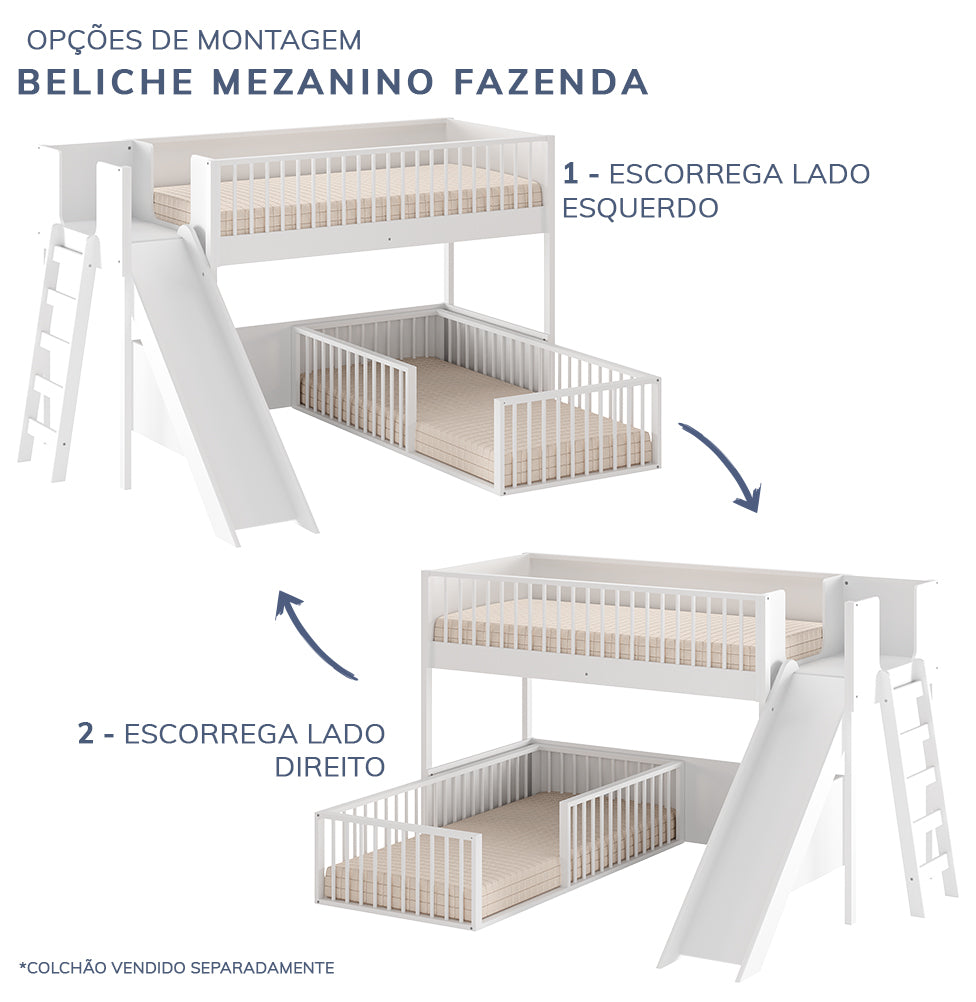 Beliche Montessoriana Com Cama de Solteiro Escorregador Fazenda - Branco