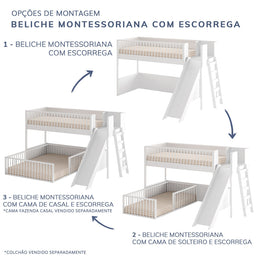 Beliche Montessoriana Com Cama de Solteiro Escorregador Fazenda - Branco