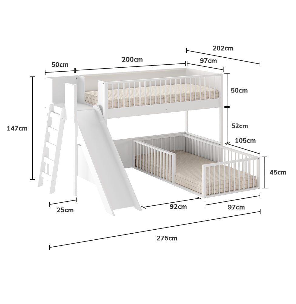 Beliche Montessoriana Com Cama de Solteiro Escorregador Fazenda - Branco