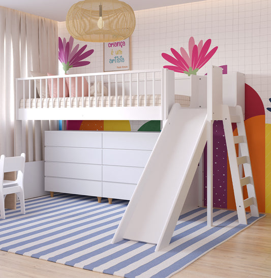 Cama Infantil Mezanino Fazenda Com Escorregador - Branco