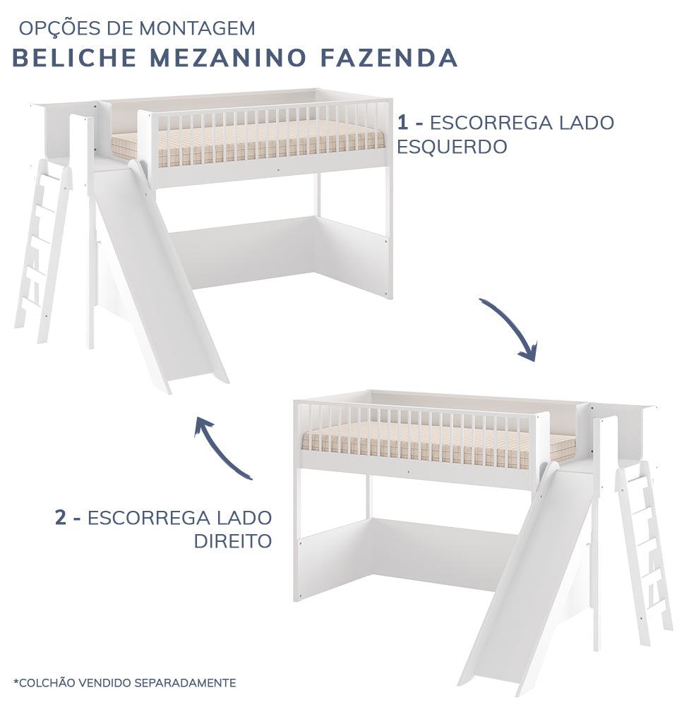 Cama Infantil Mezanino Fazenda Com Escorregador - Branco