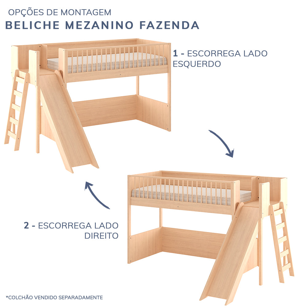 Cama Infantil Mezanino Fazenda Com Escorregador - Carvalho