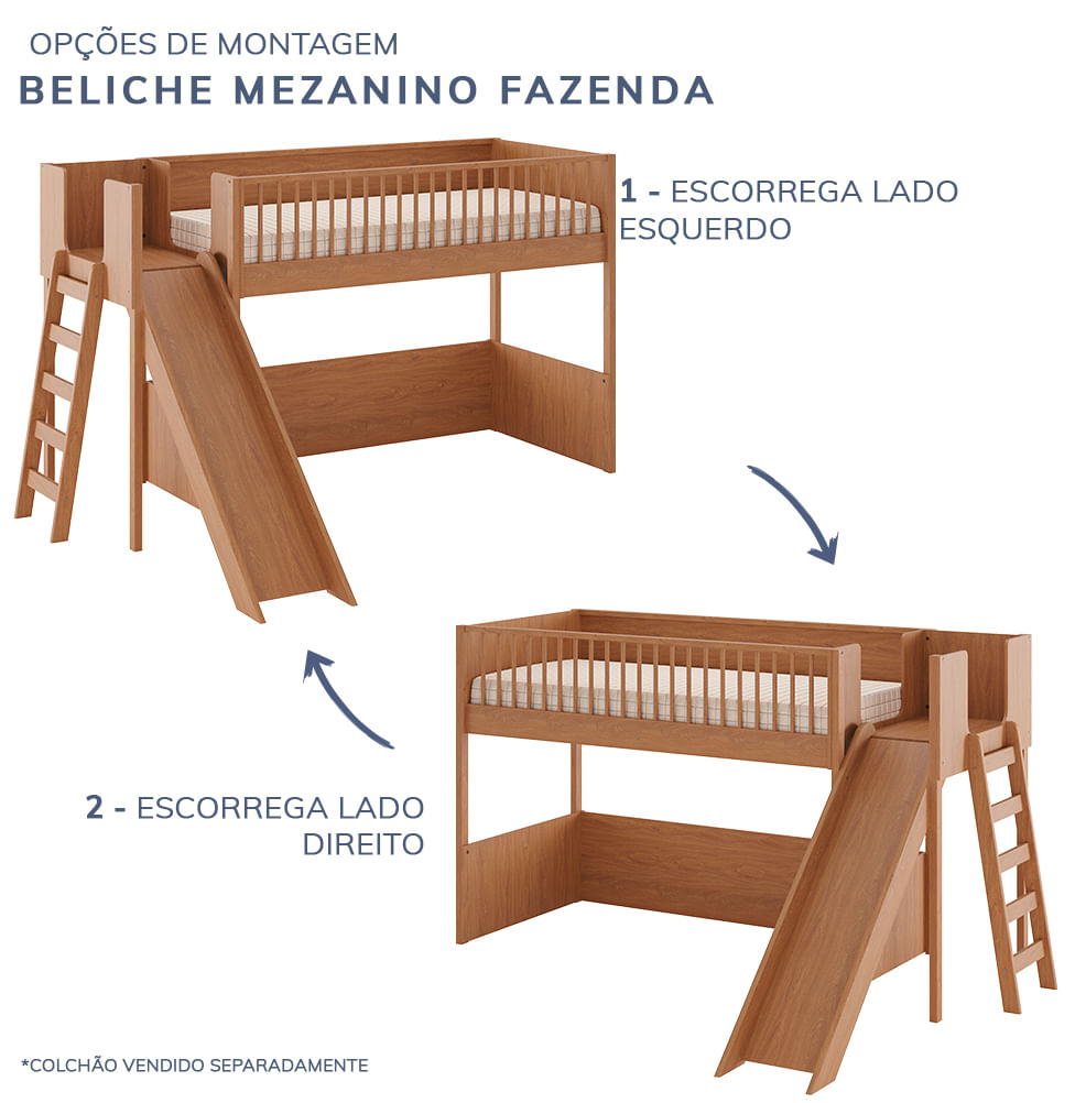 Cama Infantil Mezanino Fazenda Com Escorregador - Freijó