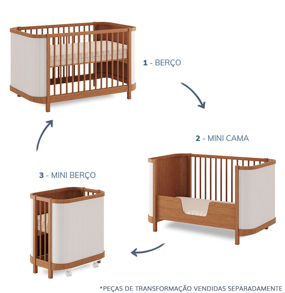 Berço Raika 3 em 1 Com Palha - Freijó