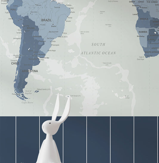 Papel de Parede Mapa Geopolítico Azul com Lambri - Mural