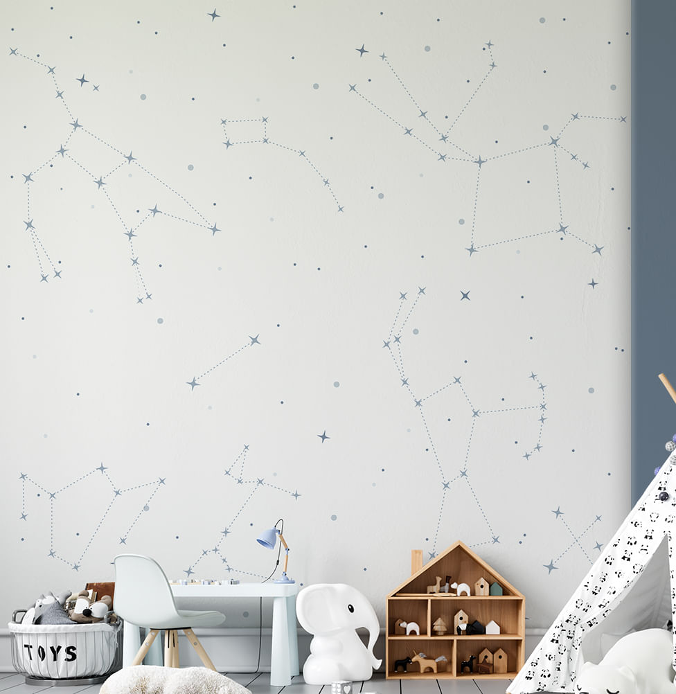 Papel de Parede Cola Infantil Constelações Fundo Branco - Mural 2,50m x 2,70m