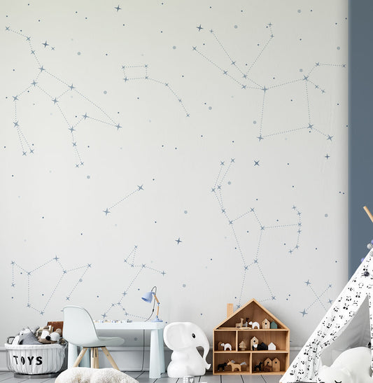 Papel de Parede Cola Infantil Constelações Fundo Branco - Mural 2,50m x 2,70m