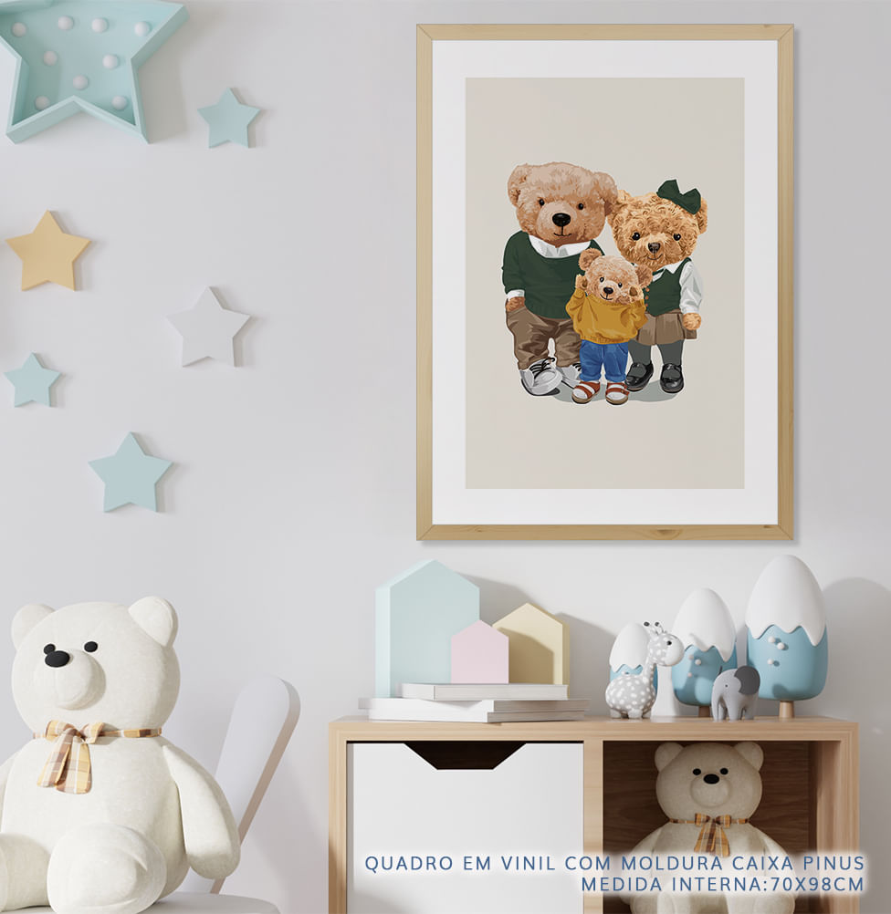 Quadro Infantil Família Urso Menino Verde - Vertical 