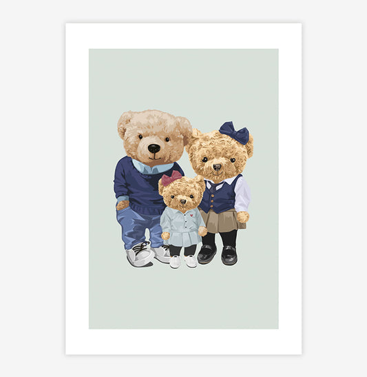 Quadro Infantil Família Urso Menina Azul - Vertical 