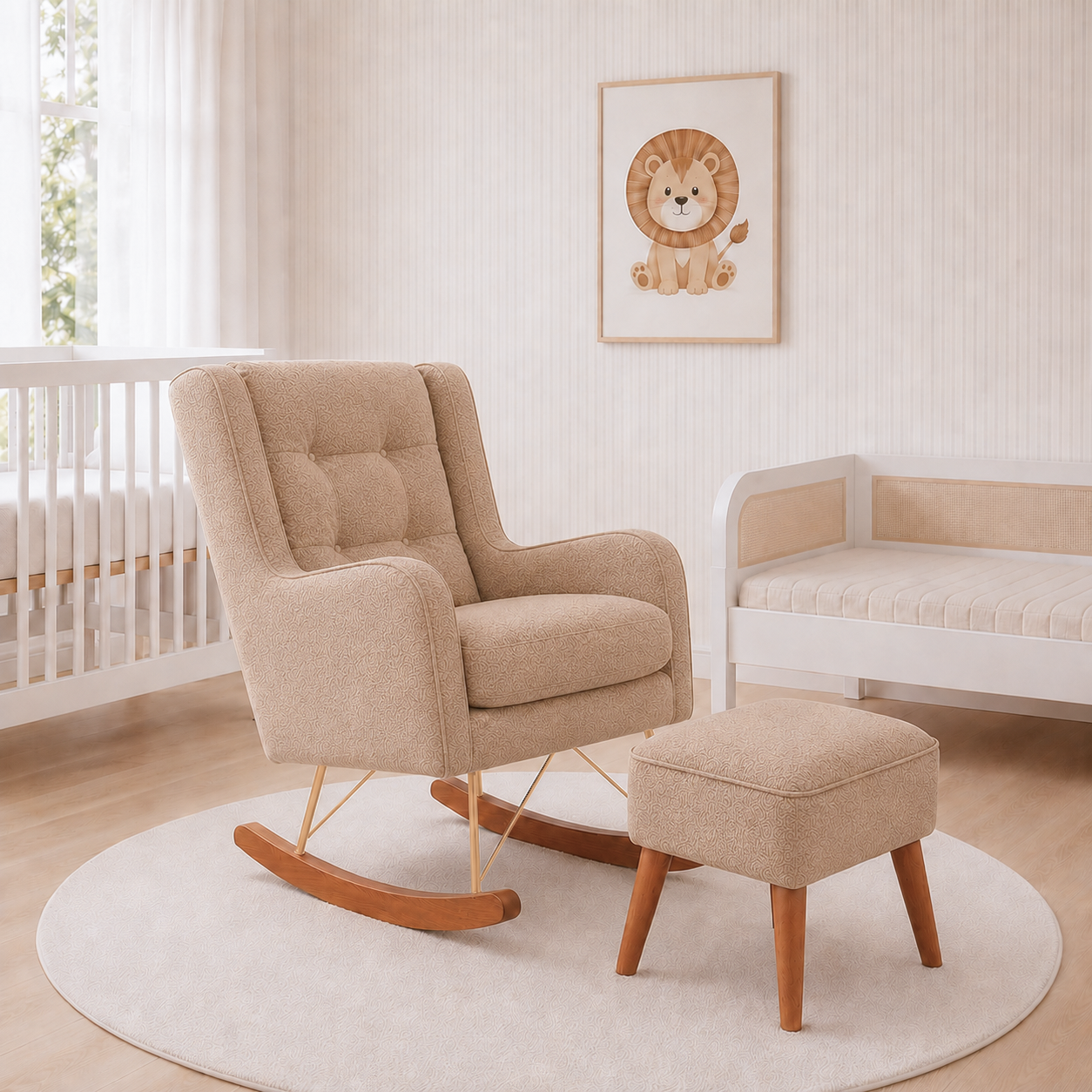 POLTRONA MAJU COM PUFF BALANÇO BOUCLE CARAMELO