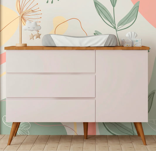Cômoda de Bebê Viena com Porta Rosa Claro com Pé e Tampo Mel