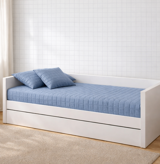 Colcha de Solteiro com Elástico Quadradinho Chambre - Azul Mescla