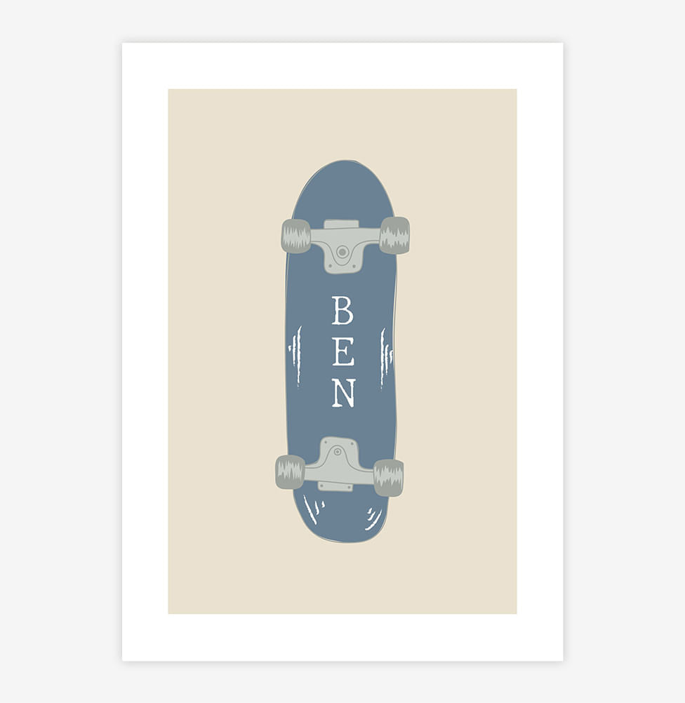 Quadro Infantil Skate Azul com Nome - Vertical 
