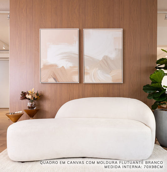 Conjunto com 2 Quadros Pincelada Bege Direita Moldura Flutuante Branca - Vertical