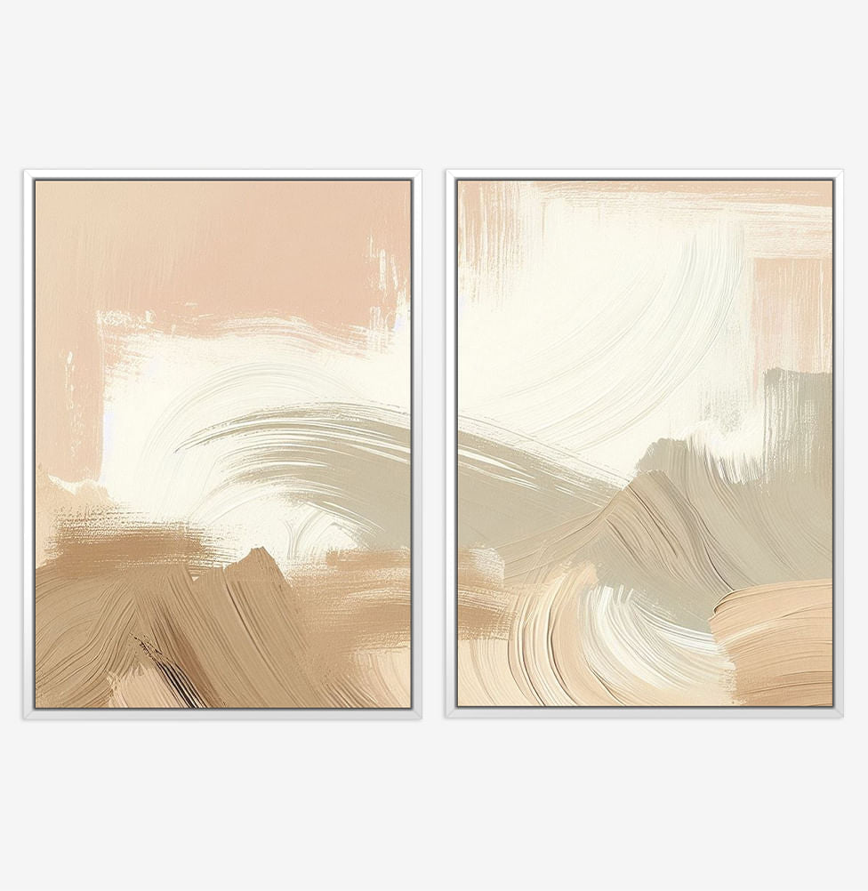 Conjunto com 2 Quadros Pincelada Bege Direita Moldura Flutuante Branca - Vertical