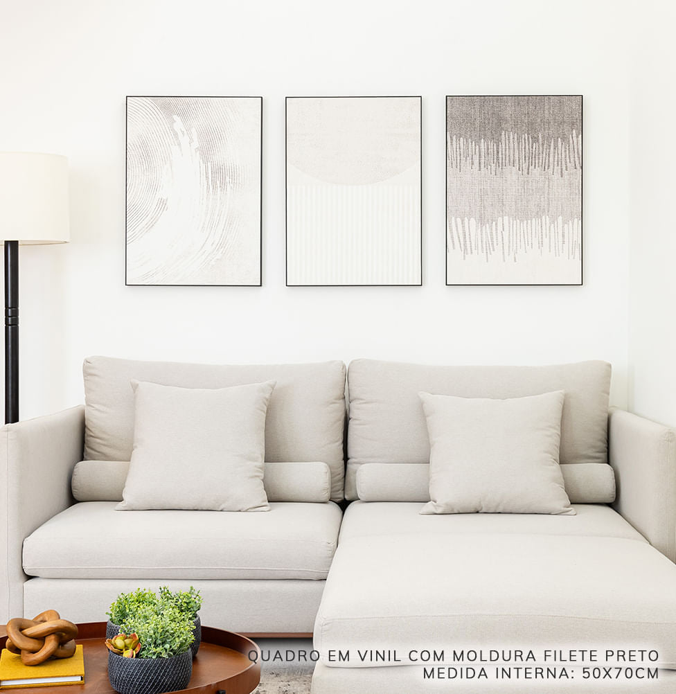 Conjunto com 3 Quadros Rabisco Cinza Com Moldura Filete Preta - Vertical