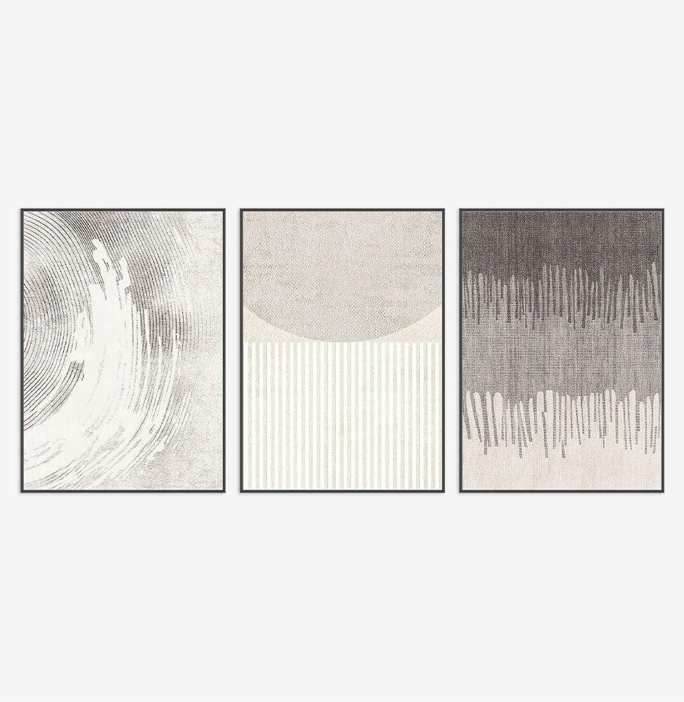 Conjunto com 3 Quadros Rabisco Cinza Com Moldura Filete Preta - Vertical