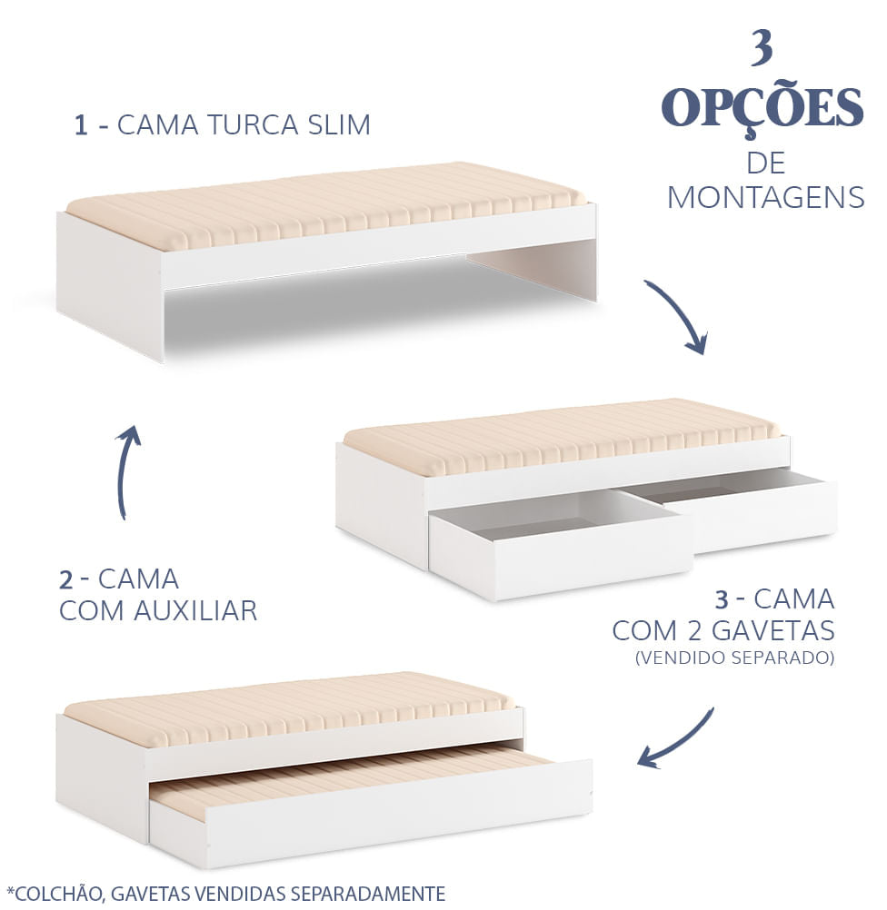 Cama Solteiro Turca Slim Com Cama Auxiliar - Branco