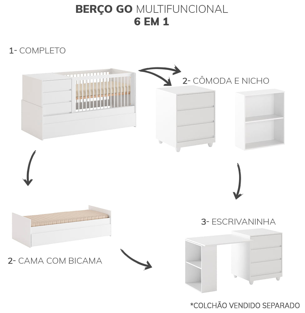 Berço Go Multifuncional 6 em 1 - Branco
