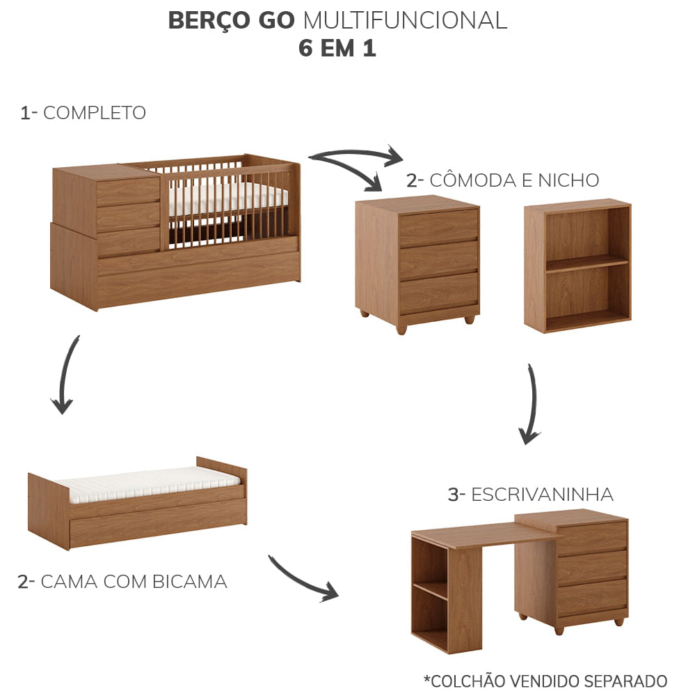 Berço Go Multifuncional 6 em 1 - Freijó