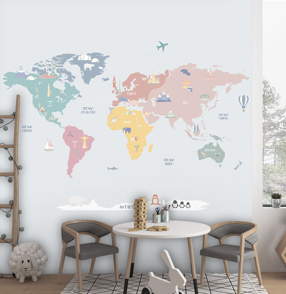 Papel de Parede Infantil Adesivo Mapa Mundi Color - Mural 2,50m x 2,70 - Bota Fora 