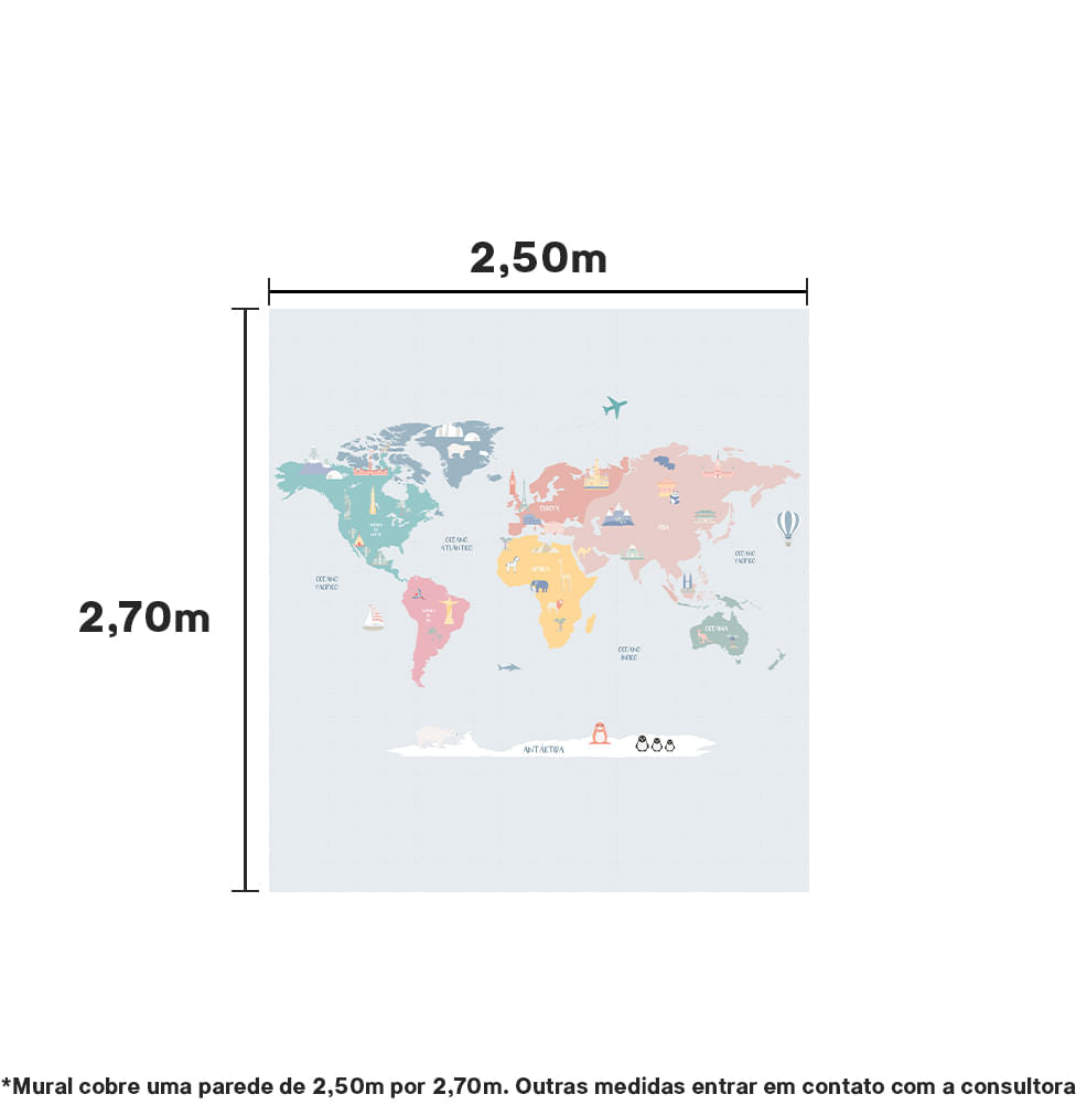 Papel de Parede Infantil Adesivo Mapa Mundi Color - Mural 2,50m x 2,70 - Bota Fora 