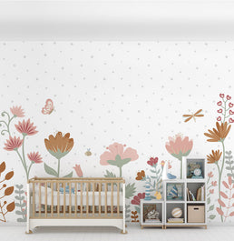 Papel de Parede Adesivo Infantil Floral Moderno Tons Terrosos - Mural 3,5m X 2,7m - Bota Fora