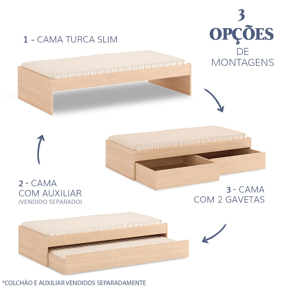 Cama Solteiro Turca Slim Com 2 Gavetas - Carvalho
