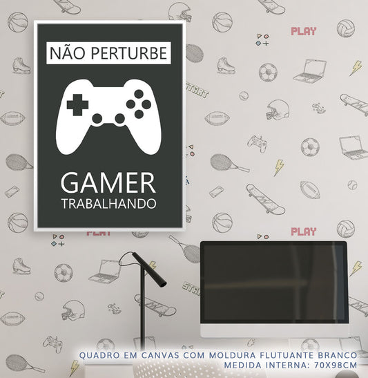 Quadro Infantil Gamer Trabalhando Cinza - Vertical 