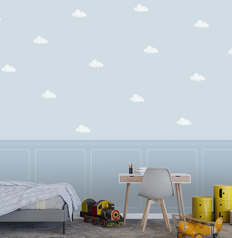 Papel de Parede Infantil Nuvens com Lambri Toy Azul - Mural 