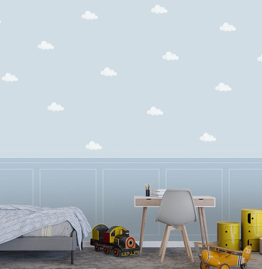 Papel de Parede Infantil Nuvens com Lambri Toy Azul - Mural 