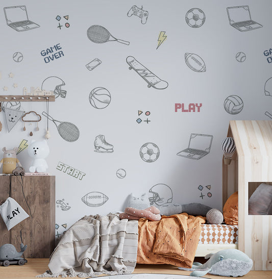 Papel de Parede Infantil Sport e Game Cinza - Mural